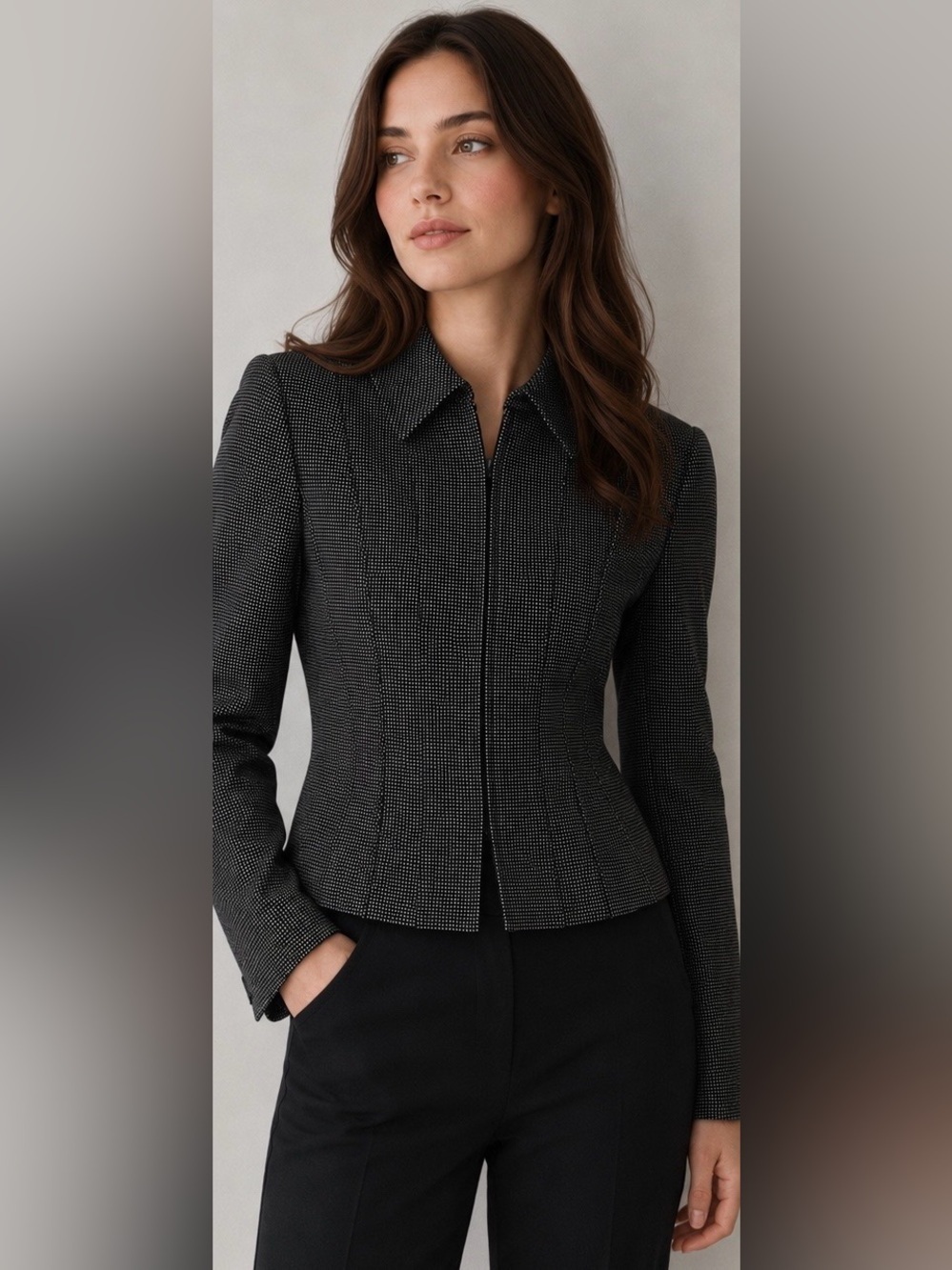 Carlisle Tailored Wool Blend Jacket Blazer Size 4 Black White Micro Dot